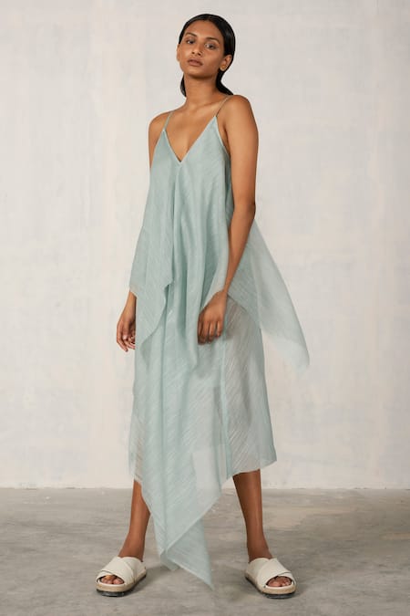 Shop_Urvashi Kaur_Blue Chanderi Silk V-neck Asymmetric Layered V Dress _at_Aza_Fashions