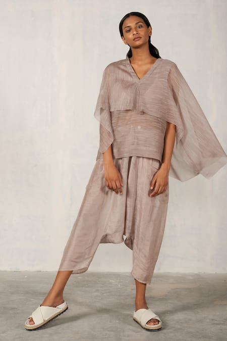 Urvashi Kaur_Gray Chanderi Silk V-neck Asymmetric Layered Top _Online_at_Aza_Fashions