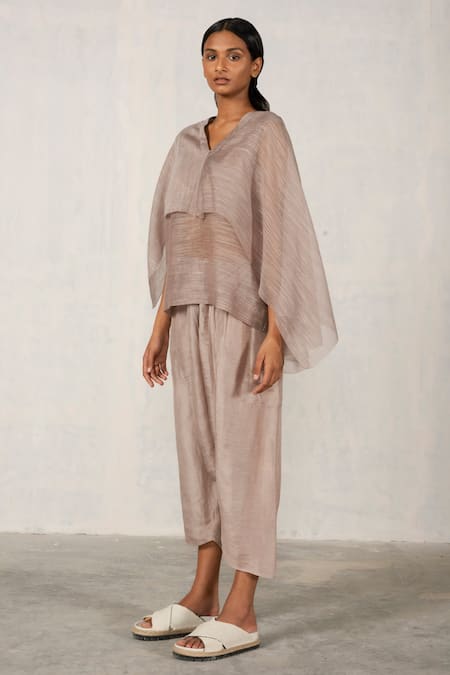 Shop_Urvashi Kaur_Gray Chanderi Silk V-neck Asymmetric Layered Top _at_Aza_Fashions