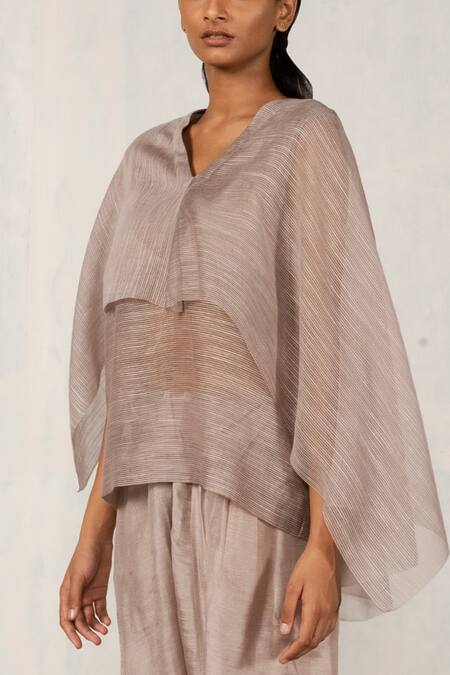Buy_Urvashi Kaur_Gray Chanderi Silk V-neck Asymmetric Layered Top _Online_at_Aza_Fashions