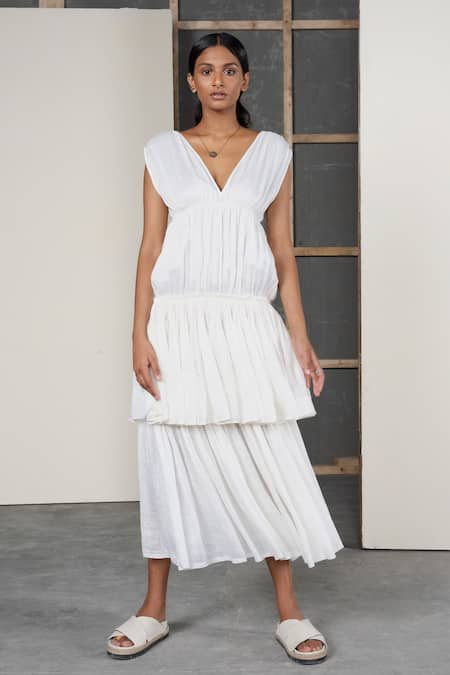 Urvashi Kaur White Linen Silk V Neck Layered Dress 