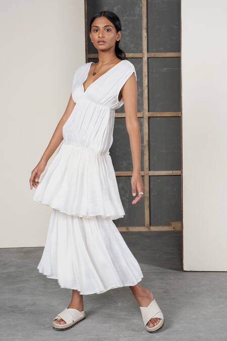 Shop Urvashi Kaur Off White Linen, Silk V-neck Layered V Dress at Aza Fashions Shop_Urvashi Kaur_Off White Linen, Silk V-neck Layered V Dress _at_Aza_Fashions