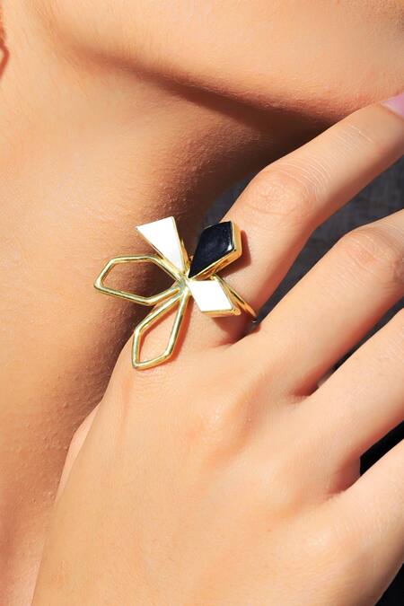 Varnika Arora_Gold Plated Pearls, Stones Curlicue Handmade Floral Ring _Online_at_Aza_Fashions