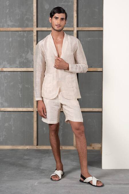 Urvashi Kaur_Peach Handwoven Silk Linen Blazer _Online_at_Aza_Fashions