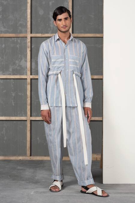 Buy_Urvashi Kaur_Blue Handwoven Cotton Silk Striped Shirt _Online_at_Aza_Fashions