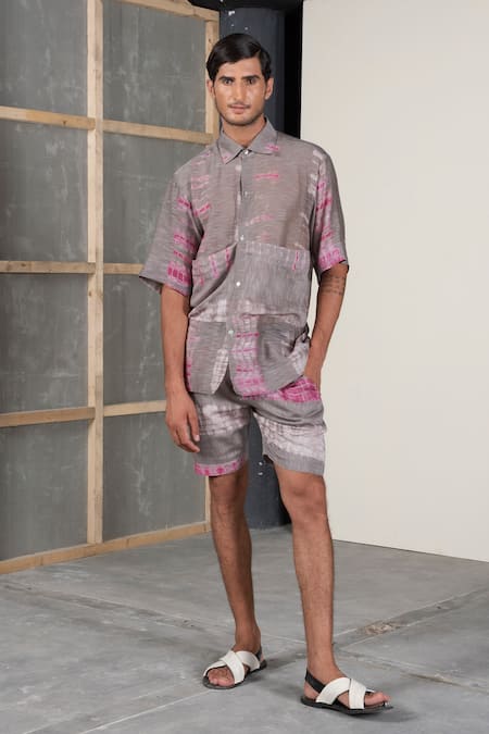 Urvashi Kaur_Grey Chanderi Silk, Kota Cotton Shirt _Online_at_Aza_Fashions