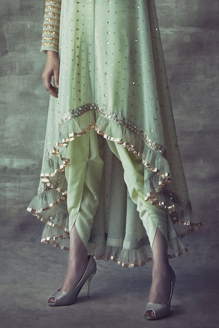 Vvani By Vani Vats_Green Dhoti And Inner Crepe, Kurta Georgette Round Asymmetric & Pant Set _Online_at_Aza_Fashions