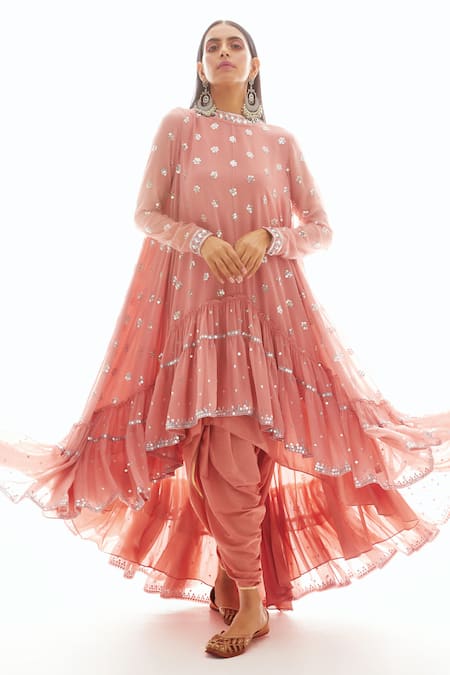 Vvani by Vani Vats Pink Georgette Round Asymmetric Anarkali And Dhoti Pant Set 