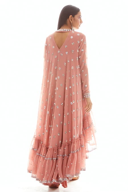 Shop_Vvani By Vani Vats_Pink Crepe, Georgette Round Asymmetric Anarkali Dhoti Pant Set _at_Aza_Fashions