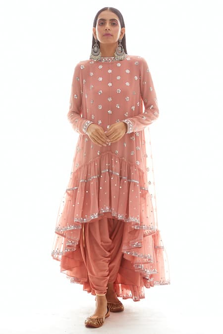 Vvani By Vani Vats_Pink Crepe, Georgette Round Asymmetric Anarkali Dhoti Pant Set _Online_at_Aza_Fashions