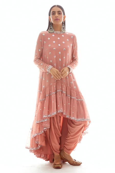 Buy_Vvani By Vani Vats_Pink Crepe, Georgette Round Asymmetric Anarkali Dhoti Pant Set _Online_at_Aza_Fashions