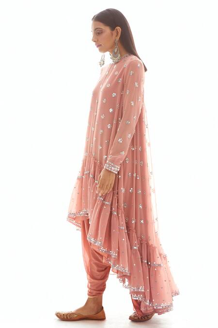 Shop_Vvani By Vani Vats_Pink Crepe, Georgette Round Asymmetric Anarkali Dhoti Pant Set _Online_at_Aza_Fashions