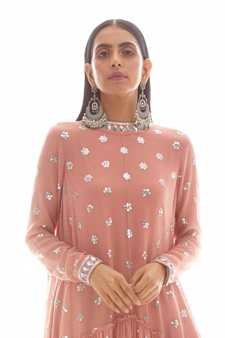 Vvani By Vani Vats_Pink Crepe, Georgette Round Asymmetric Anarkali Dhoti Pant Set _at_Aza_Fashions