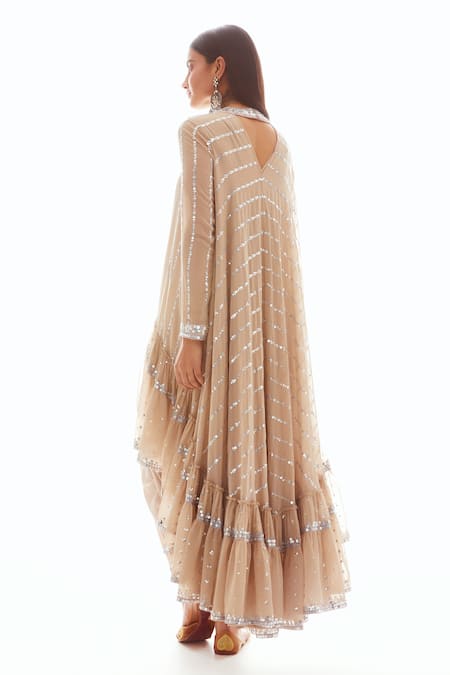 Shop_Vvani By Vani Vats_Beige Crepe, Georgette Round Asymmetric Kurta And Dhoti Pant Set _at_Aza_Fashions