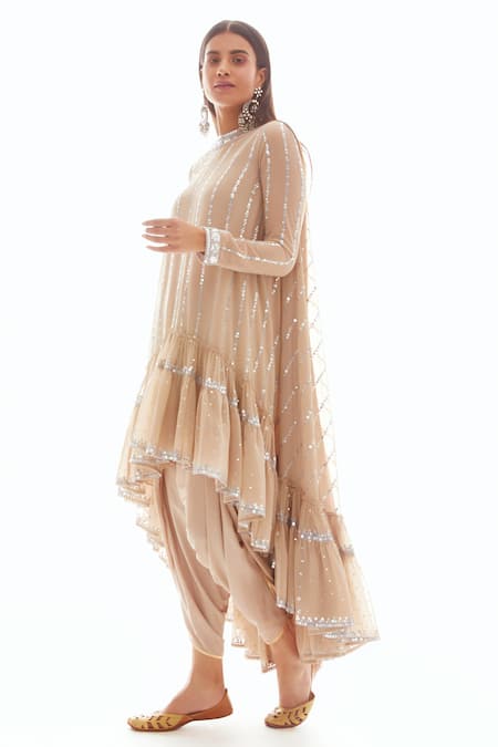 Vvani By Vani Vats_Beige Crepe, Georgette Round Asymmetric Kurta And Dhoti Pant Set _Online_at_Aza_Fashions