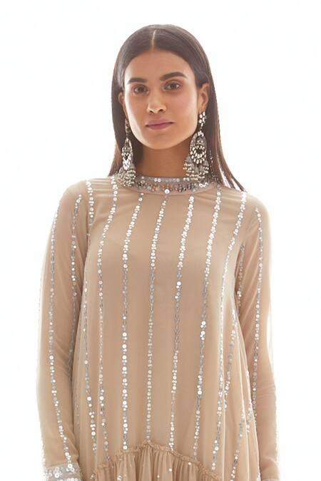 Vvani By Vani Vats_Beige Crepe, Georgette Round Asymmetric Kurta And Dhoti Pant Set _at_Aza_Fashions