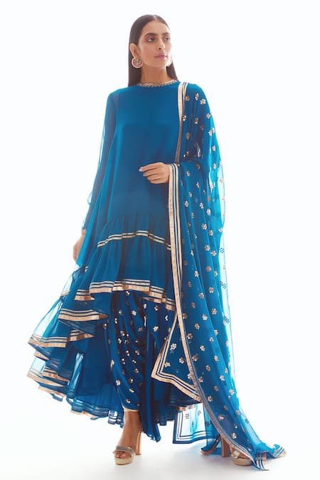 Vvani By Vani Vats_Blue Crepe, Georgette Round Asymmetric Kurta And Dhoti Pant Set _Online_at_Aza_Fashions