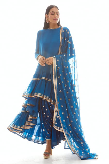 Shop_Vvani By Vani Vats_Blue Crepe, Georgette Round Asymmetric Kurta And Dhoti Pant Set _Online_at_Aza_Fashions
