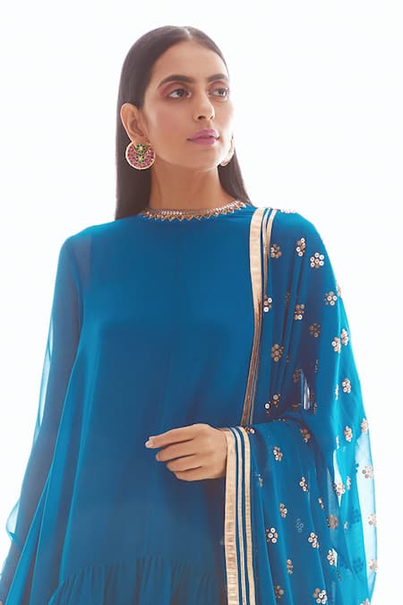 Vvani By Vani Vats_Blue Crepe, Georgette Round Asymmetric Kurta And Dhoti Pant Set _at_Aza_Fashions