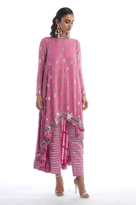 Vvani By Vani Vats Pink Organza, Crepe, Georgette Gota, Embellished Asymmetric Kurta With Pant Online at Aza Fashions Vvani By Vani Vats_Pink Organza, Crepe, Georgette Gota, Embellished Asymmetric Kurta With Pant_Online_at_Aza_Fashions