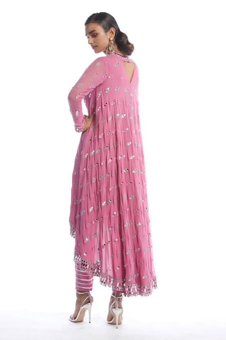 Shop Vvani By Vani Vats Pink Organza, Crepe, Georgette Gota, Embellished Asymmetric Kurta With Pant at Aza Fashions Shop_Vvani By Vani Vats_Pink Organza, Crepe, Georgette Gota, Embellished Asymmetric Kurta With Pant_at_Aza_Fashions