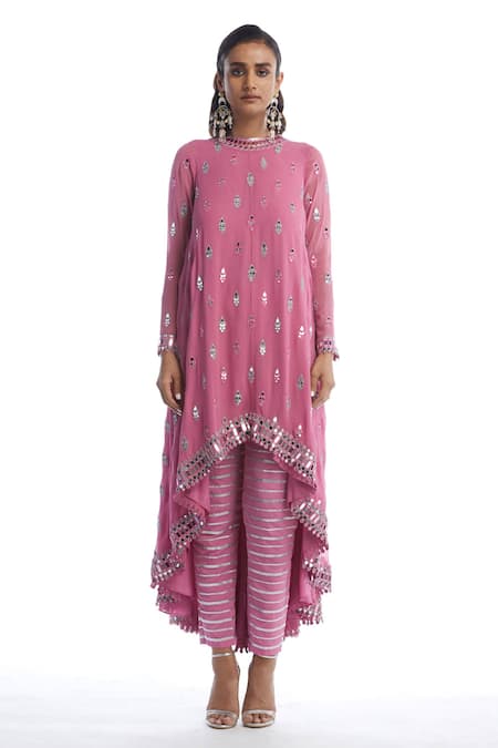 Buy Vvani By Vani Vats Pink Organza, Crepe, Georgette Gota, Embellished Asymmetric Kurta With Pant Online at Aza Fashions Buy_Vvani By Vani Vats_Pink Organza, Crepe, Georgette Gota, Embellished Asymmetric Kurta With Pant_Online_at_Aza_Fashions