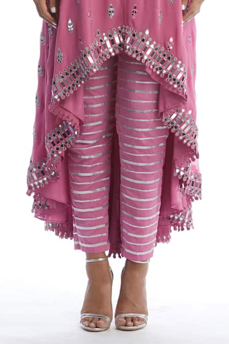 Shop Vvani By Vani Vats Pink Organza, Crepe, Georgette Gota, Embellished Asymmetric Kurta With Pant Online at Aza Fashions Shop_Vvani By Vani Vats_Pink Organza, Crepe, Georgette Gota, Embellished Asymmetric Kurta With Pant_Online_at_Aza_Fashions