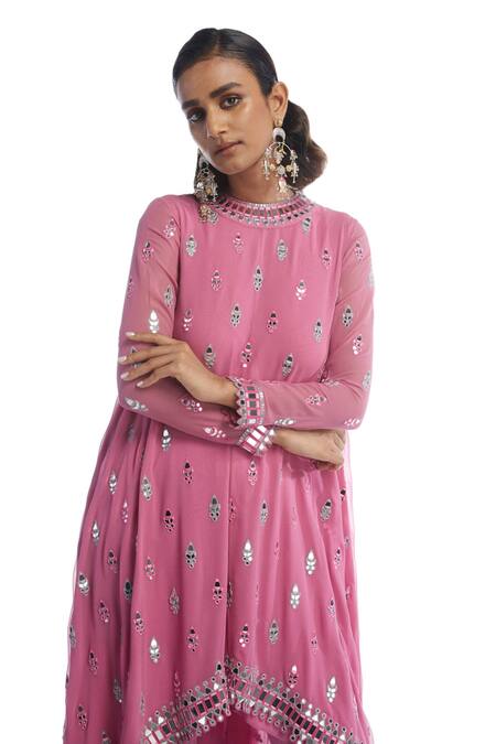 Vvani By Vani Vats Pink Organza, Crepe, Georgette Gota, Embellished Asymmetric Kurta With Pant at Aza Fashions Vvani By Vani Vats_Pink Organza, Crepe, Georgette Gota, Embellished Asymmetric Kurta With Pant_at_Aza_Fashions