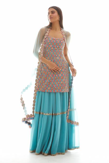 Vvani by Vani Vats_Blue Georgette Embroidered Kurta Gharara Set_Online_at_Aza_Fashions