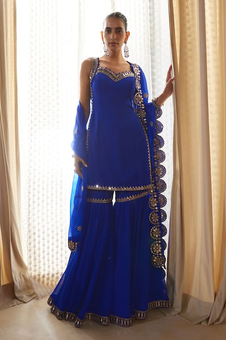 Vvani by Vani Vats Blue Kurta Georgette Embroidered Mirror Work Sweetheart Straight Sharara Set 