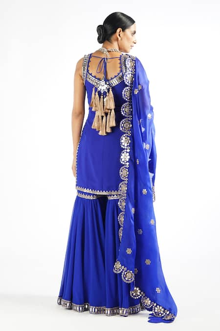 Shop Vvani By Vani Vats Blue Dupatta Satin Organza, Kurta Georgette Mirror Work Straight Sharara Set at Aza Fashions Shop_Vvani By Vani Vats_Blue Dupatta Satin Organza, Kurta Georgette Mirror Work Straight Sharara Set _at_Aza_Fashions