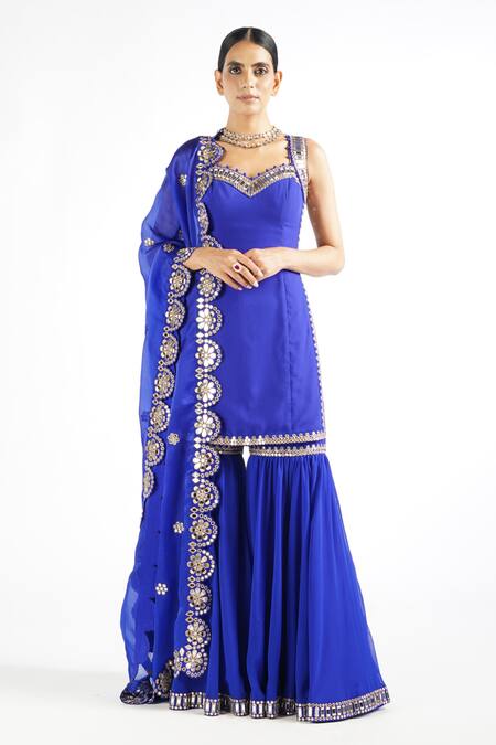 Vvani By Vani Vats Blue Dupatta Satin Organza, Kurta Georgette Mirror Work Straight Sharara Set Online at Aza Fashions Vvani By Vani Vats_Blue Dupatta Satin Organza, Kurta Georgette Mirror Work Straight Sharara Set _Online_at_Aza_Fashions