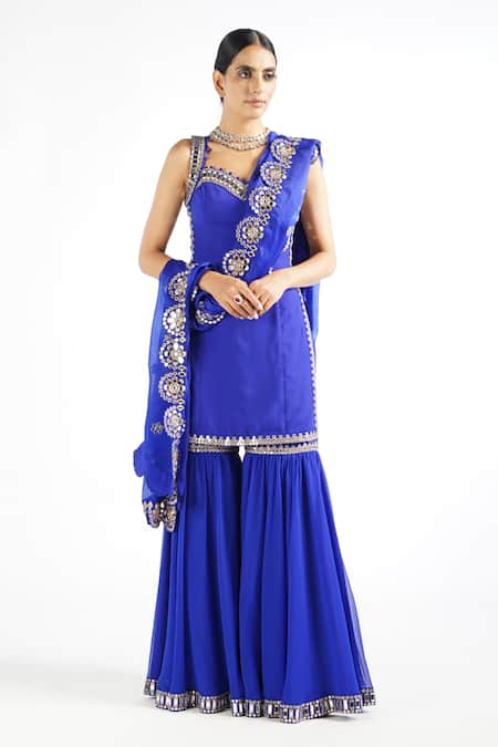 Buy Vvani By Vani Vats Blue Dupatta Satin Organza, Kurta Georgette Mirror Work Straight Sharara Set Online at Aza Fashions Buy_Vvani By Vani Vats_Blue Dupatta Satin Organza, Kurta Georgette Mirror Work Straight Sharara Set _Online_at_Aza_Fashions