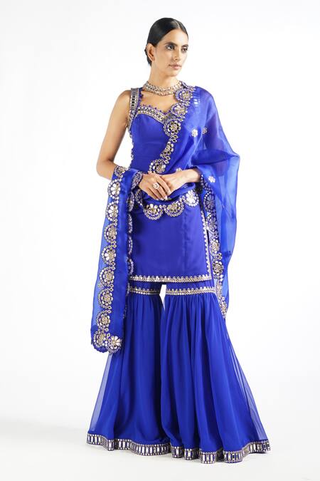 Shop Vvani By Vani Vats Blue Dupatta Satin Organza, Kurta Georgette Mirror Work Straight Sharara Set Online at Aza Fashions Shop_Vvani By Vani Vats_Blue Dupatta Satin Organza, Kurta Georgette Mirror Work Straight Sharara Set _Online_at_Aza_Fashions