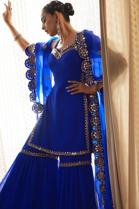 Vvani By Vani Vats Blue Dupatta Satin Organza, Kurta Georgette Mirror Work Straight Sharara Set at Aza Fashions Vvani By Vani Vats_Blue Dupatta Satin Organza, Kurta Georgette Mirror Work Straight Sharara Set _at_Aza_Fashions