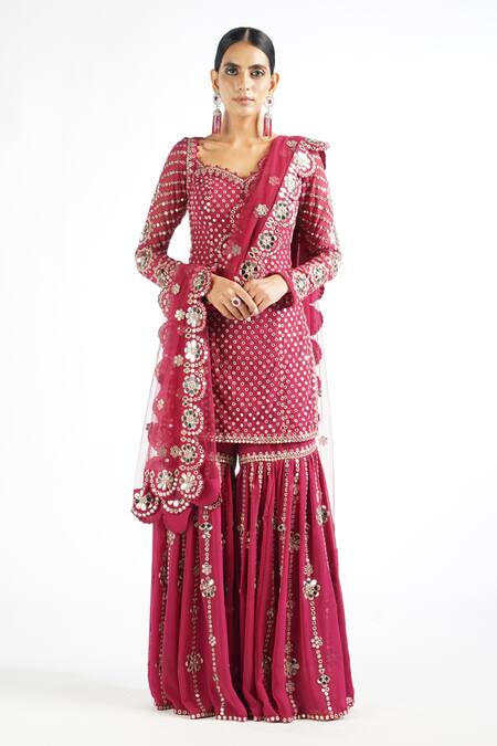 Buy Vvani By Vani Vats Wine Dupatta Net, Kurta Georgette Mirror Work Embellished Sharara Set Online at Aza Fashions Buy_Vvani By Vani Vats_Wine Dupatta Net, Kurta Georgette Mirror Work Embellished Sharara Set _Online_at_Aza_Fashions