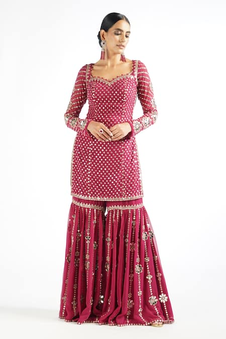 Vvani By Vani Vats Wine Dupatta Net, Kurta Georgette Mirror Work Embellished Sharara Set Online at Aza Fashions Vvani By Vani Vats_Wine Dupatta Net, Kurta Georgette Mirror Work Embellished Sharara Set _Online_at_Aza_Fashions