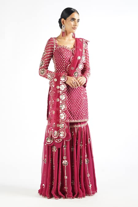 Shop Vvani By Vani Vats Wine Dupatta Net, Kurta Georgette Mirror Work Embellished Sharara Set Online at Aza Fashions Shop_Vvani By Vani Vats_Wine Dupatta Net, Kurta Georgette Mirror Work Embellished Sharara Set _Online_at_Aza_Fashions