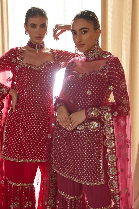 Vvani By Vani Vats Wine Dupatta Net, Kurta Georgette Mirror Work Embellished Sharara Set at Aza Fashions Vvani By Vani Vats_Wine Dupatta Net, Kurta Georgette Mirror Work Embellished Sharara Set _at_Aza_Fashions