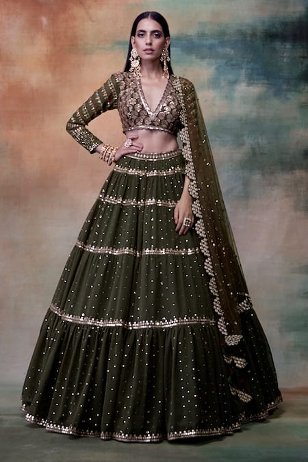 Buy Olive Green & Pink High Low Lehenga Set With Embroidered Lace And  Dupatta In Chanderi Handloom (Set Of 3) by Designer VINUSTO for Women  online at Kaarimarket.com
