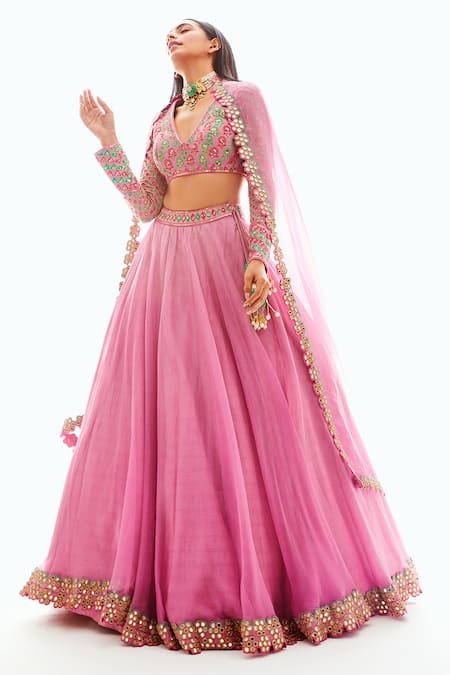 Vvani by Vani Vats Pink Mirror Embellished Organza Lehenga Set 