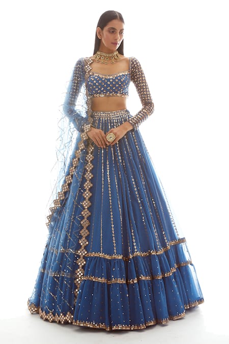 Vvani By Vani Vats_Blue Net, Georgette Sweetheart Neck Embroidered Bridal Lehenga Set _Online_at_Aza_Fashions