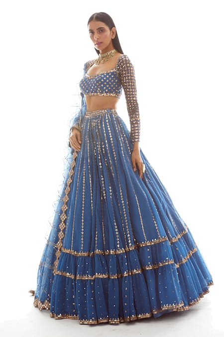 Buy_Vvani By Vani Vats_Blue Net, Georgette Sweetheart Neck Embroidered Bridal Lehenga Set _Online_at_Aza_Fashions