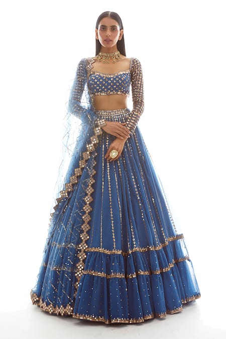 Shop_Vvani By Vani Vats_Blue Net, Georgette Sweetheart Neck Embroidered Bridal Lehenga Set _Online_at_Aza_Fashions