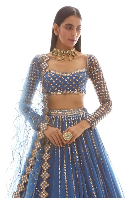 Vvani By Vani Vats_Blue Net, Georgette Sweetheart Neck Embroidered Bridal Lehenga Set _at_Aza_Fashions