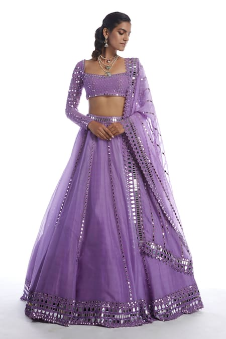 Buy_Vvani By Vani Vats_Purple Georgette, Silk Organza, Dupion Square Neck Bridal Lehenga Set _Online_at_Aza_Fashions