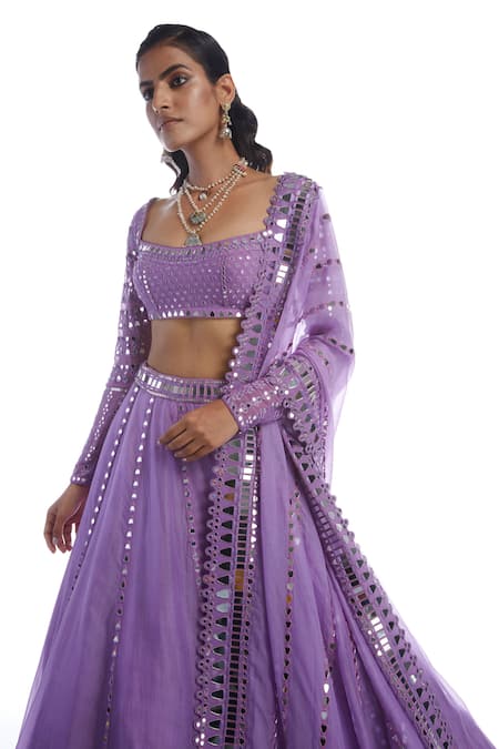 Shop_Vvani By Vani Vats_Purple Georgette, Silk Organza, Dupion Square Neck Bridal Lehenga Set _Online_at_Aza_Fashions