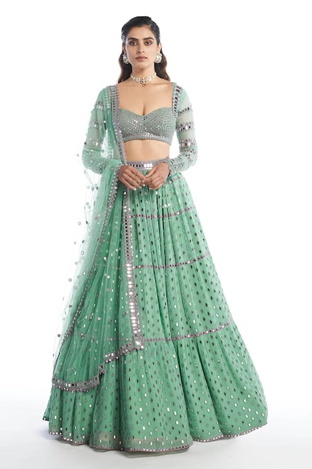 Buy_Vvani By Vani Vats_Green Net, Georgette Sweetheart Neck Embellished Tiered Bridal Lehenga Set _Online_at_Aza_Fashions