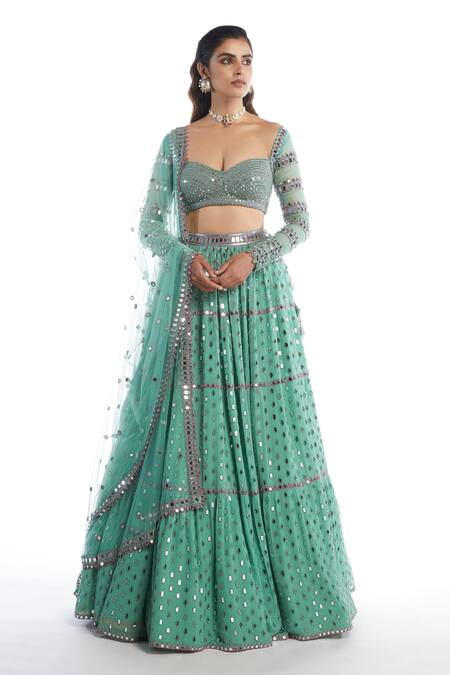 Vvani By Vani Vats_Green Net, Georgette Sweetheart Neck Embellished Tiered Bridal Lehenga Set _Online_at_Aza_Fashions