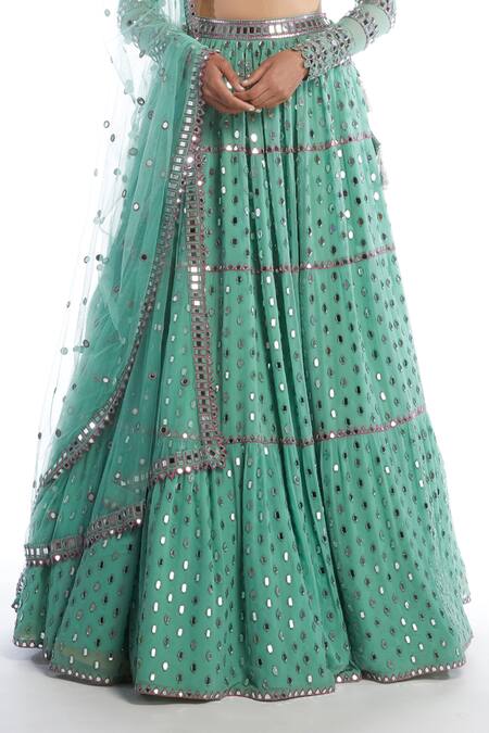 Shop_Vvani By Vani Vats_Green Net, Georgette Sweetheart Neck Embellished Tiered Bridal Lehenga Set _Online_at_Aza_Fashions